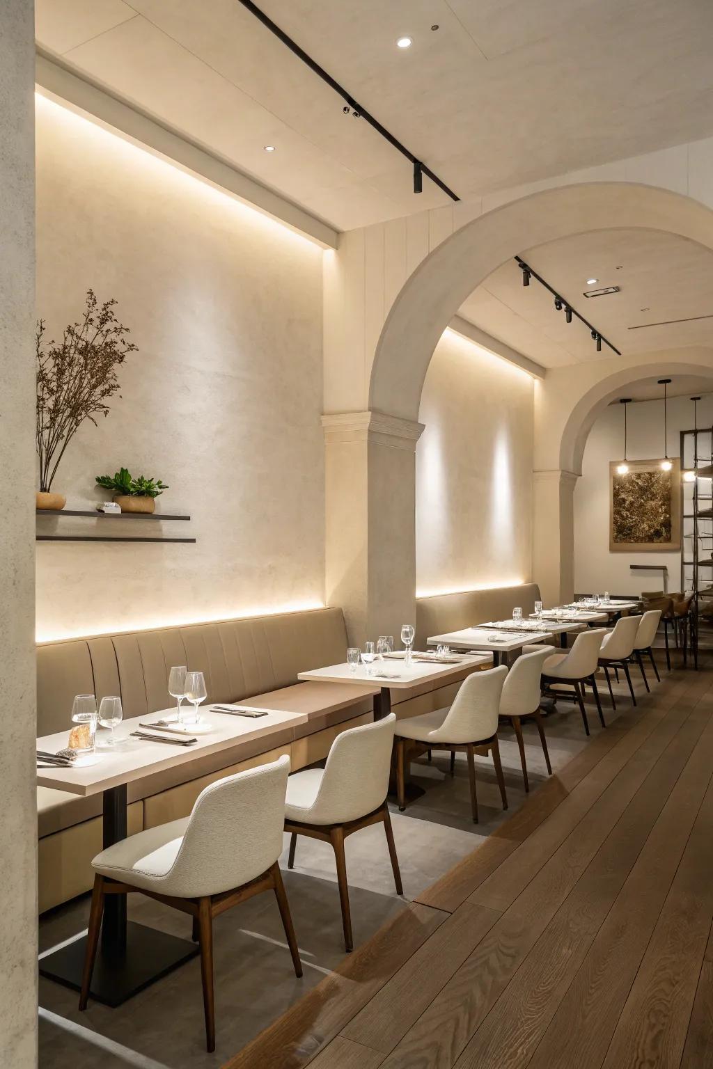 An understated, contemporary style crafts a sophisticated and roomy dining ambiance.