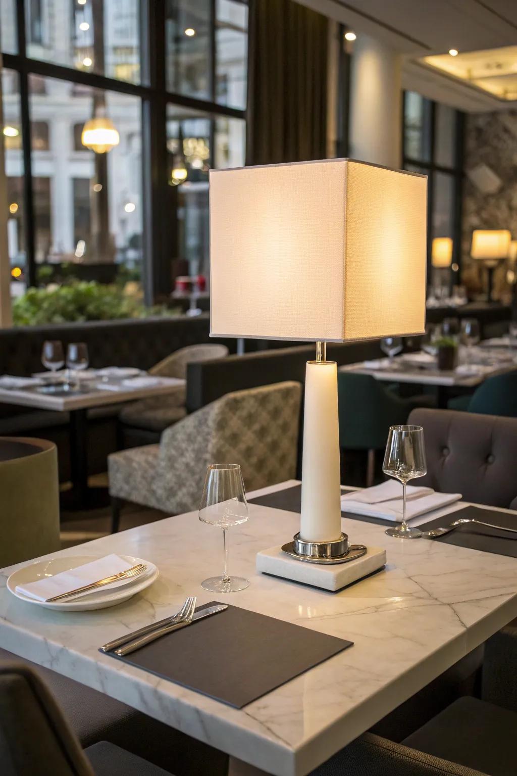A modern minimalist table lamp is placed on a sleek restaurant table, complementing the contemporary decor.