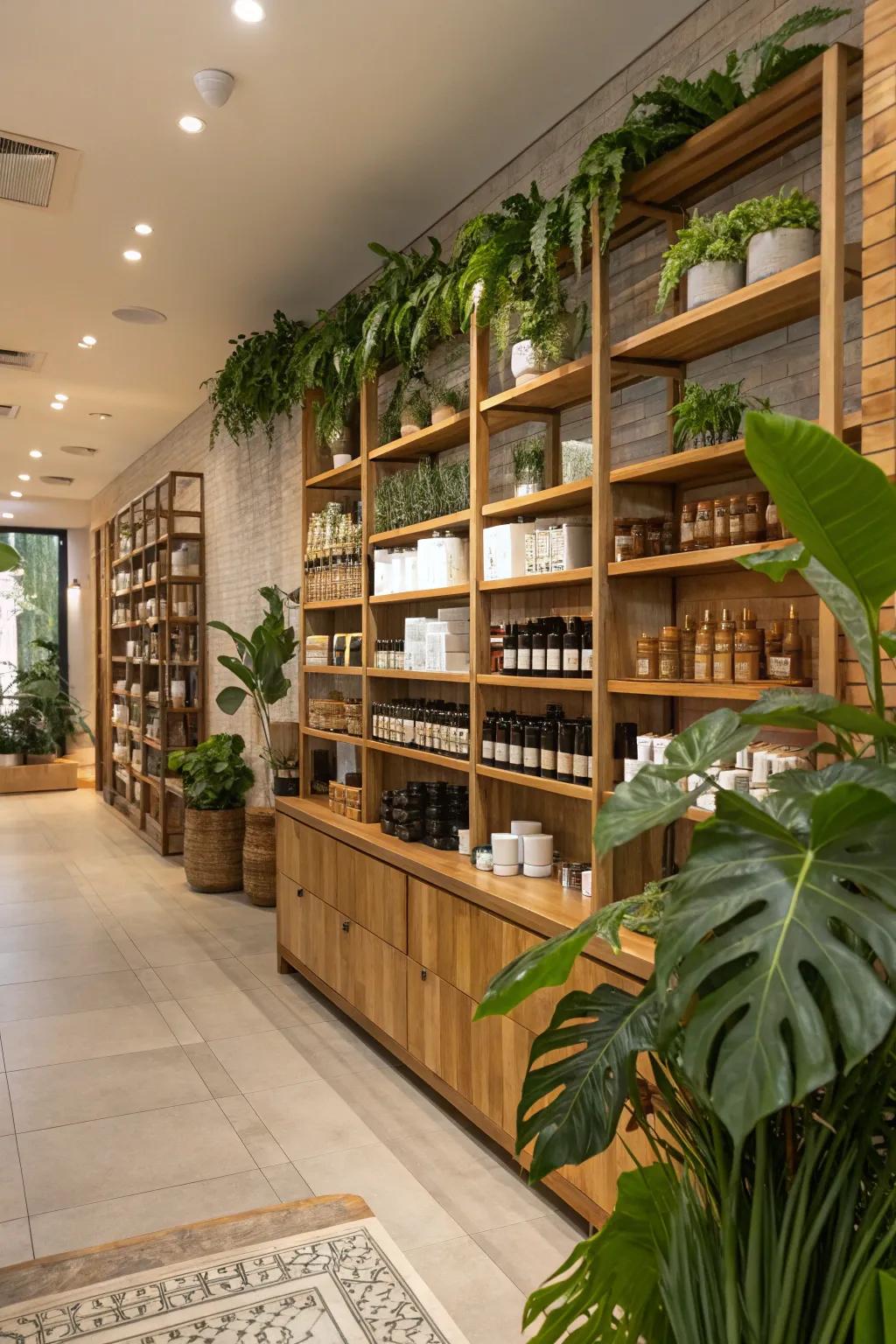 Natural elements such as wood and greenery evoke a peaceful sensation within retail environments.