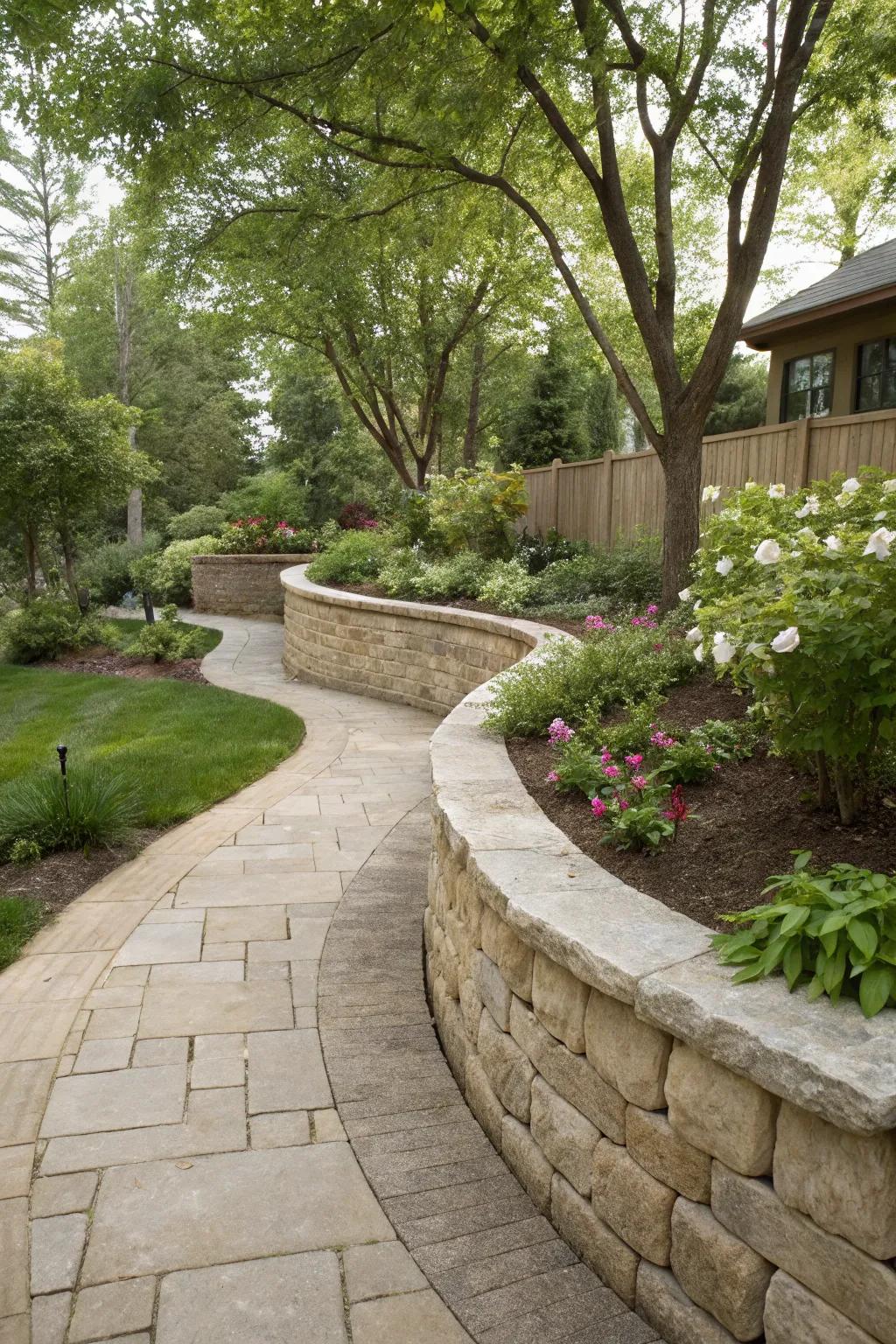 A beautifully curved retaining structure merges effortlessly with the surrounding garden landscape.