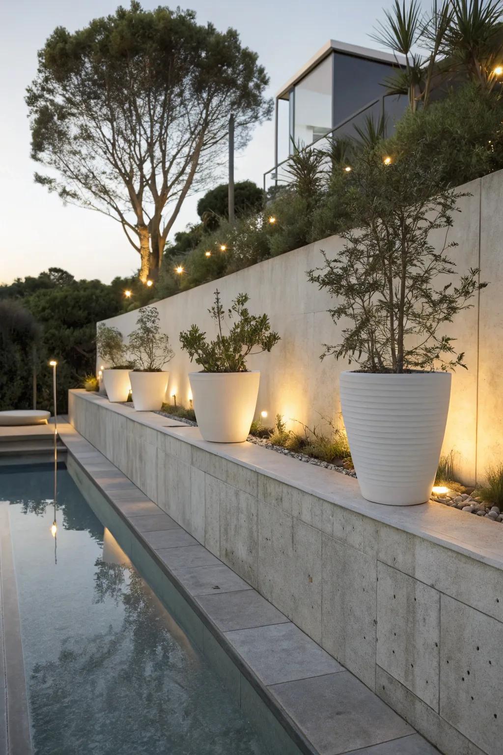 A trendy concrete retaining wall paired with minimalist design elements.