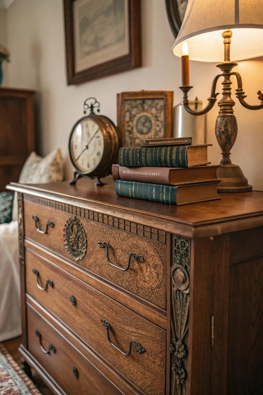 Vintage dresser adds elegance and functionality.