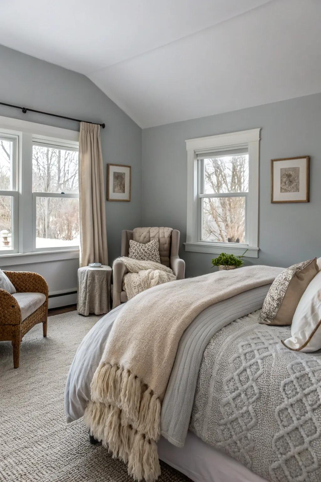 Cozy textiles bring warmth and depth to a Gentle Gray bedroom.