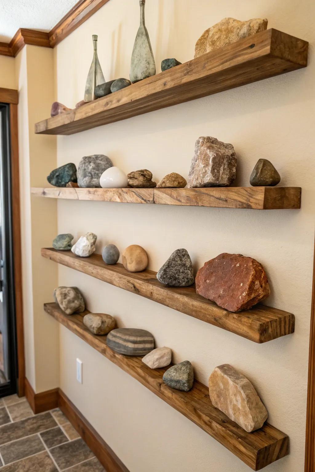 Timbered ledges elegantly showcasing a stone collection