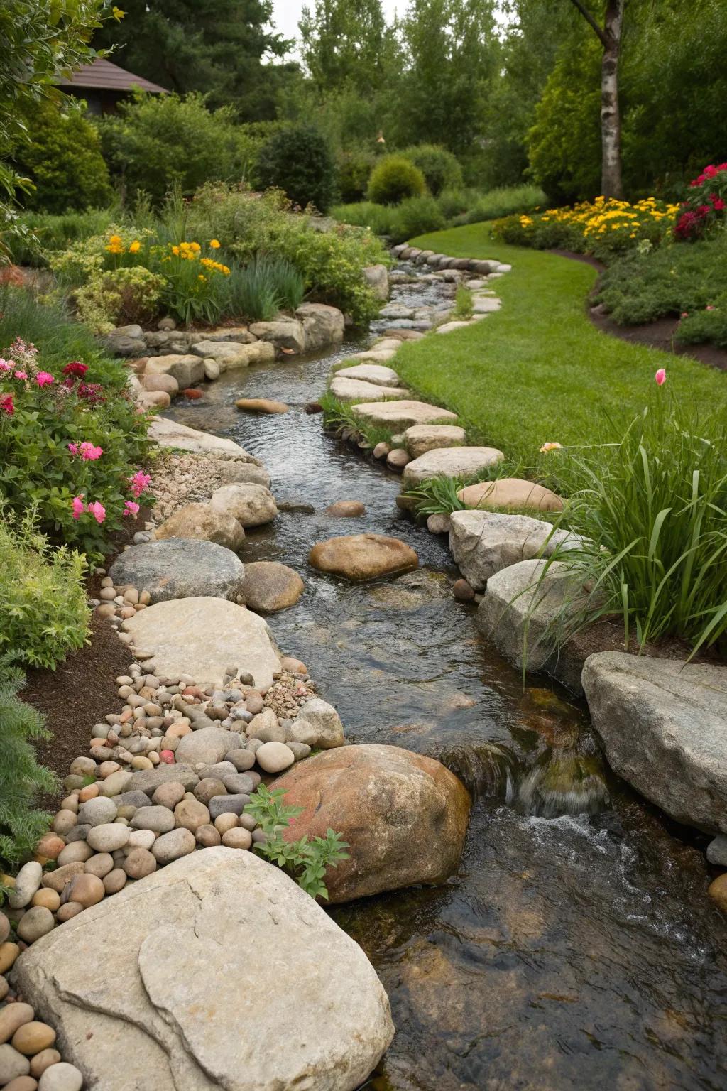 A recreation of a placid brook made using various rocks that add to the calm.