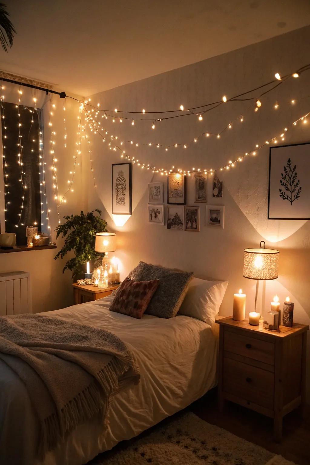 Gentle illumination with wax lights and lamps enhances the romantic ambiance.