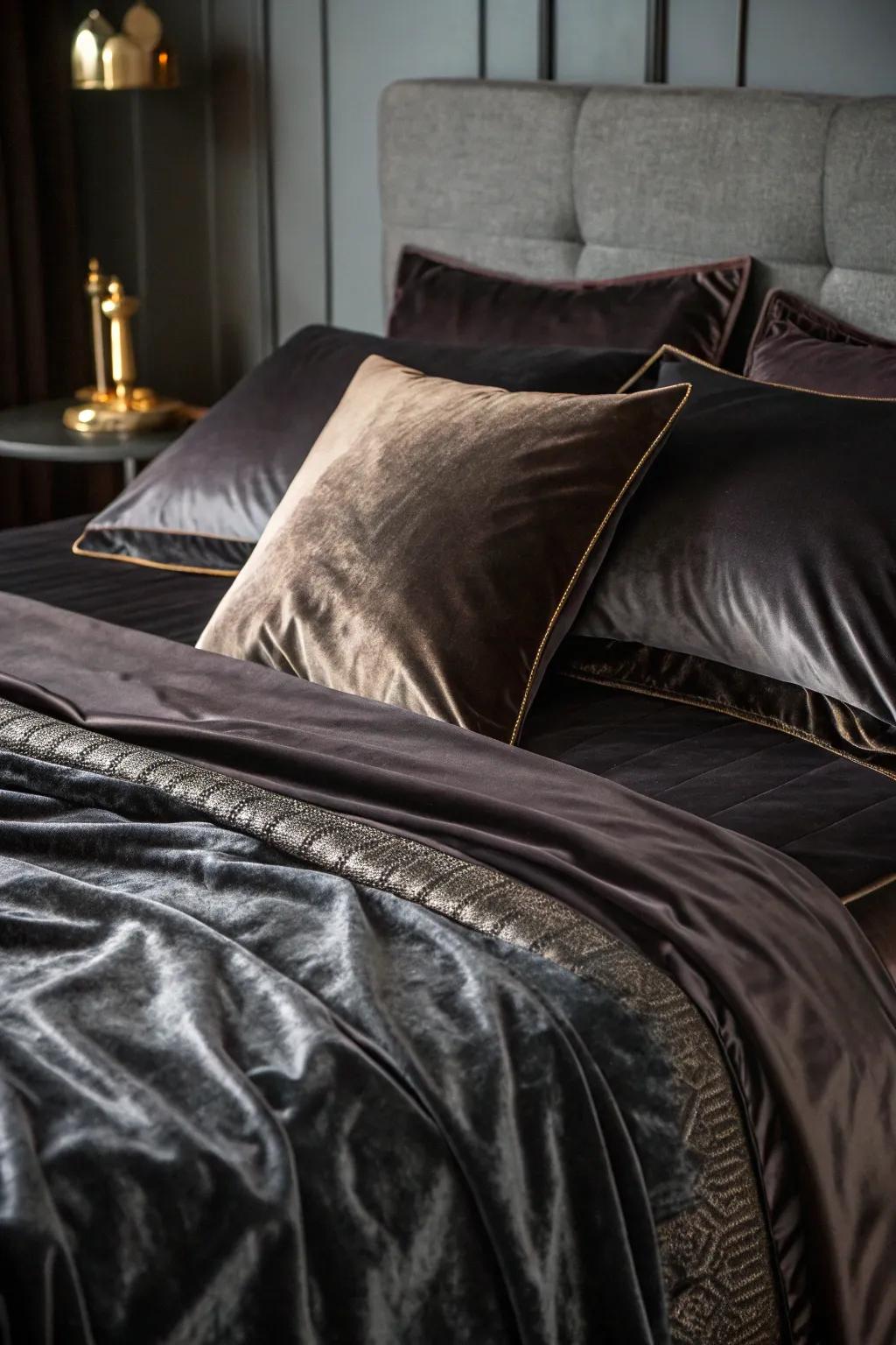 Opulent velvet and silk textiles enhance the gothic refinement of the sleeping quarters.