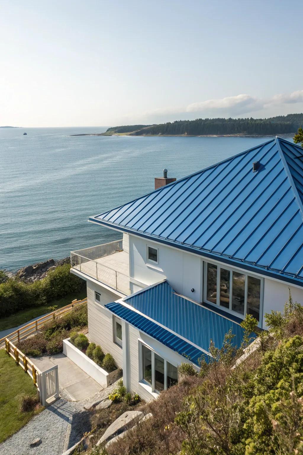 A deepwater metal roof adds a vivid burst of tone and contemporary panache.