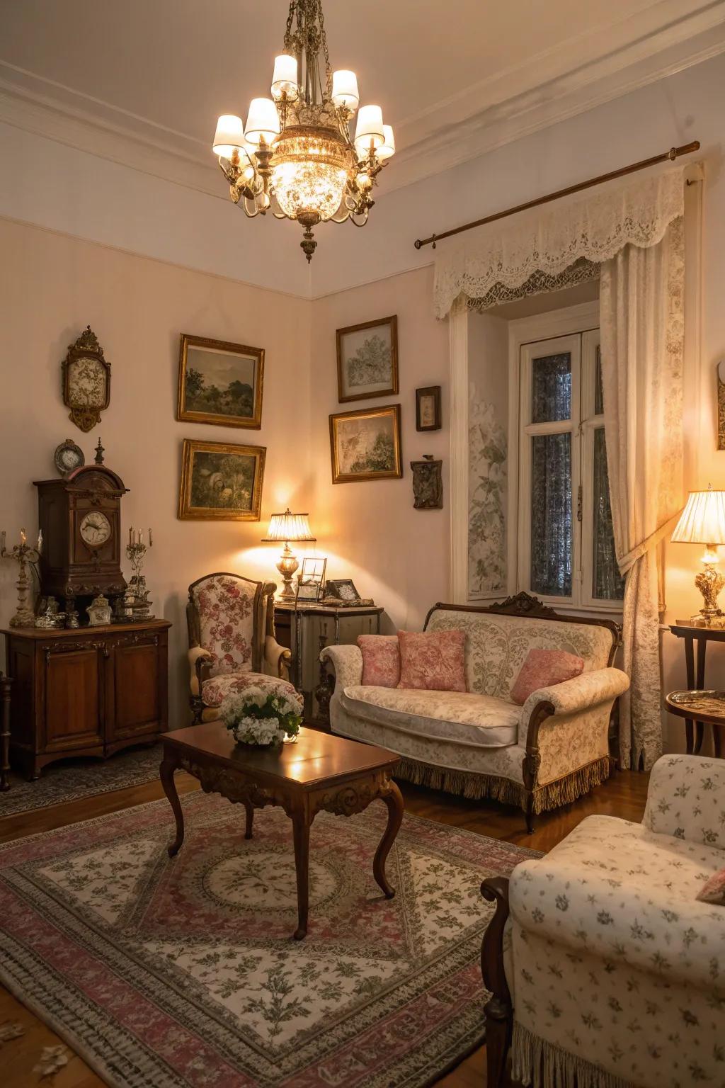 A living space that embraces historical romantic shades with a vintage allure.