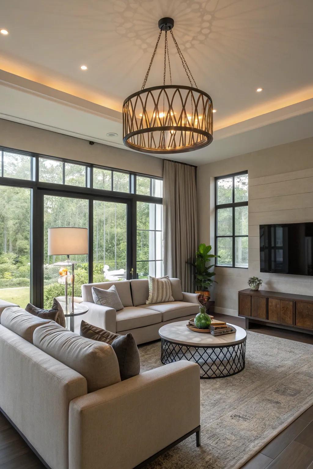 A snug modern living room highlighted by sophisticated lighting.