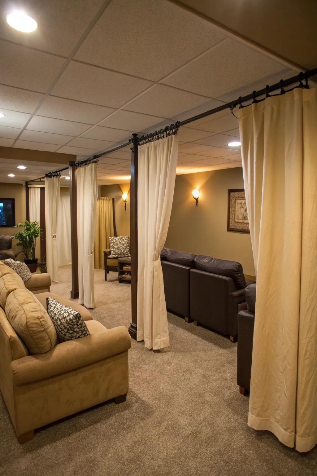 Curtains present a versatile and fashionable means to divide basement areas.