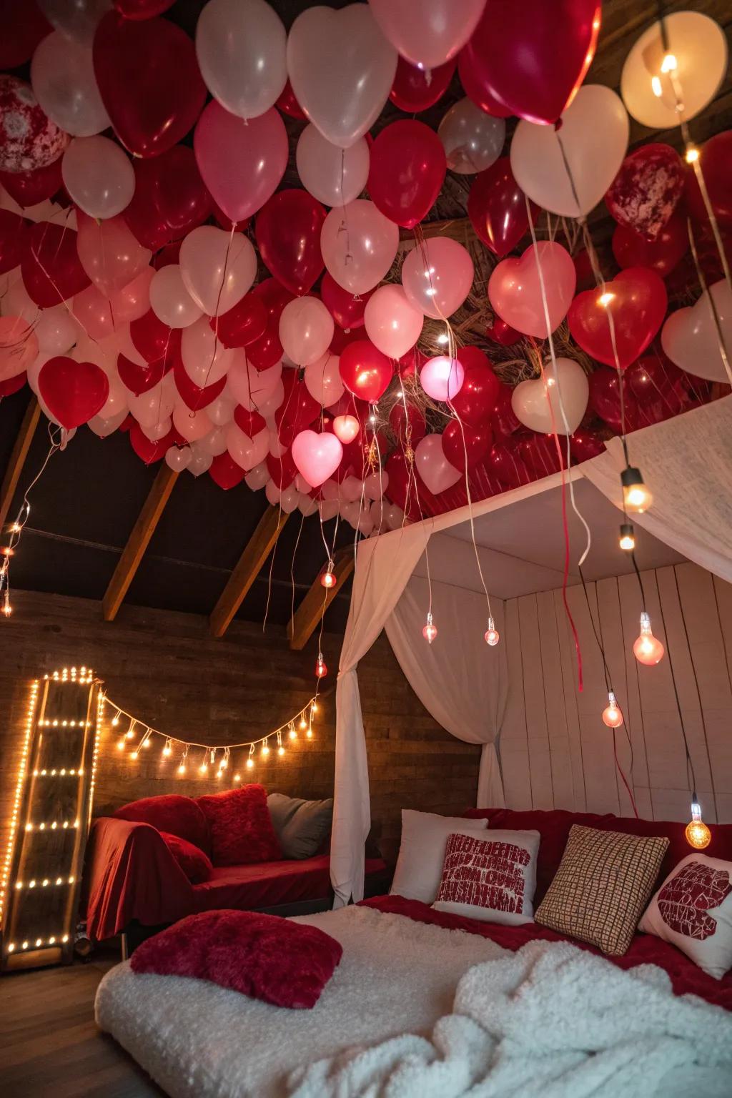 Enhance your decorations by blanketing the ceiling with a waterfall of Valentine's Day air spheres. #BalloonDecor #RomanticVibes #ValentinesDay