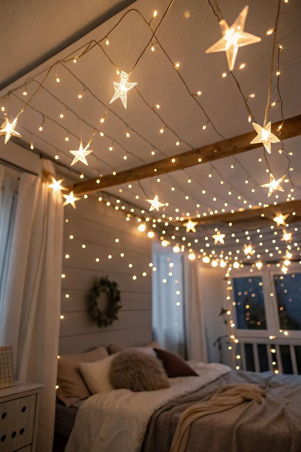 Drift into slumber beneath a starlit expanse created by LED string lights.