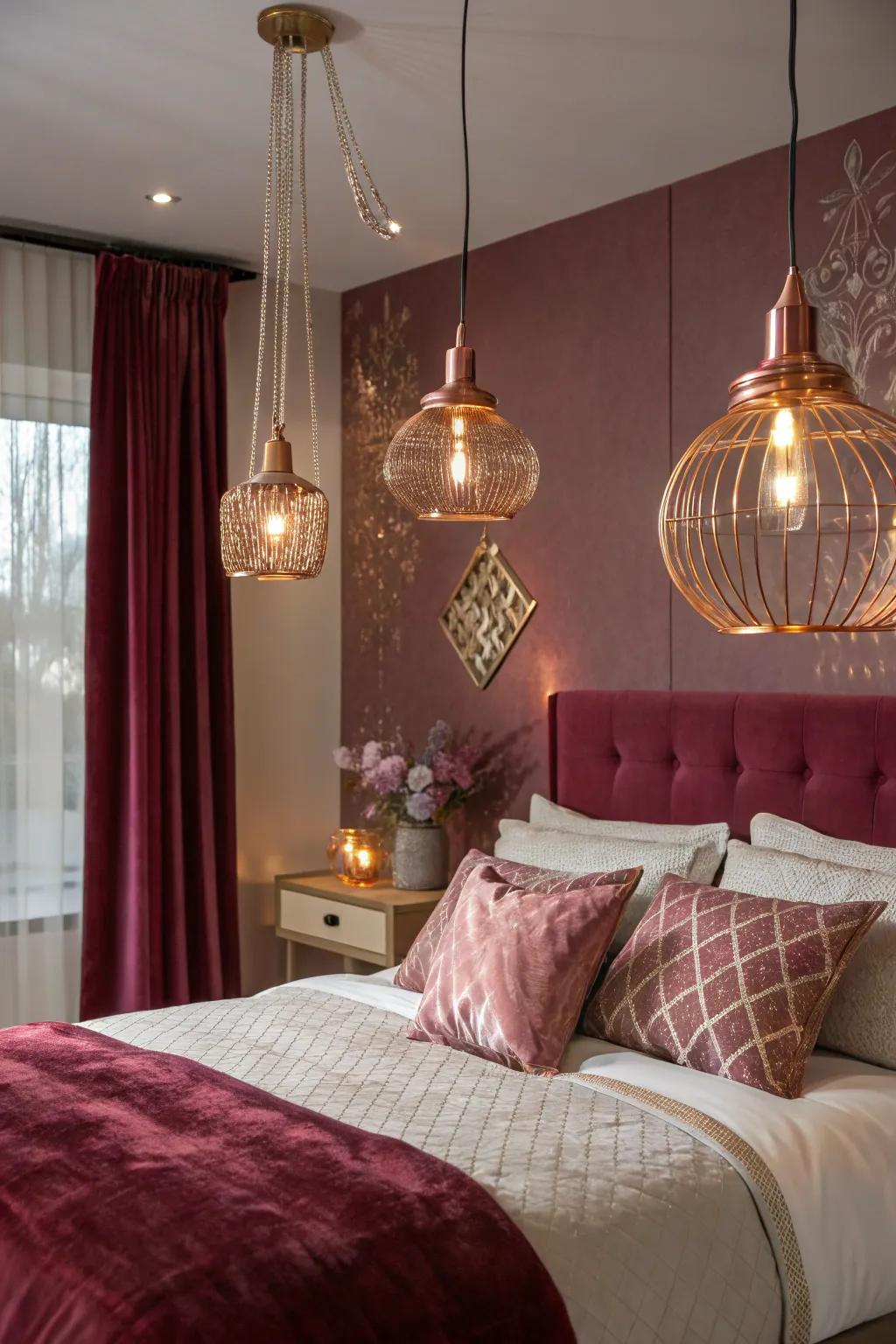 Rose gold lighting fixtures bring sophistication and a cozy feel to the bedroom.