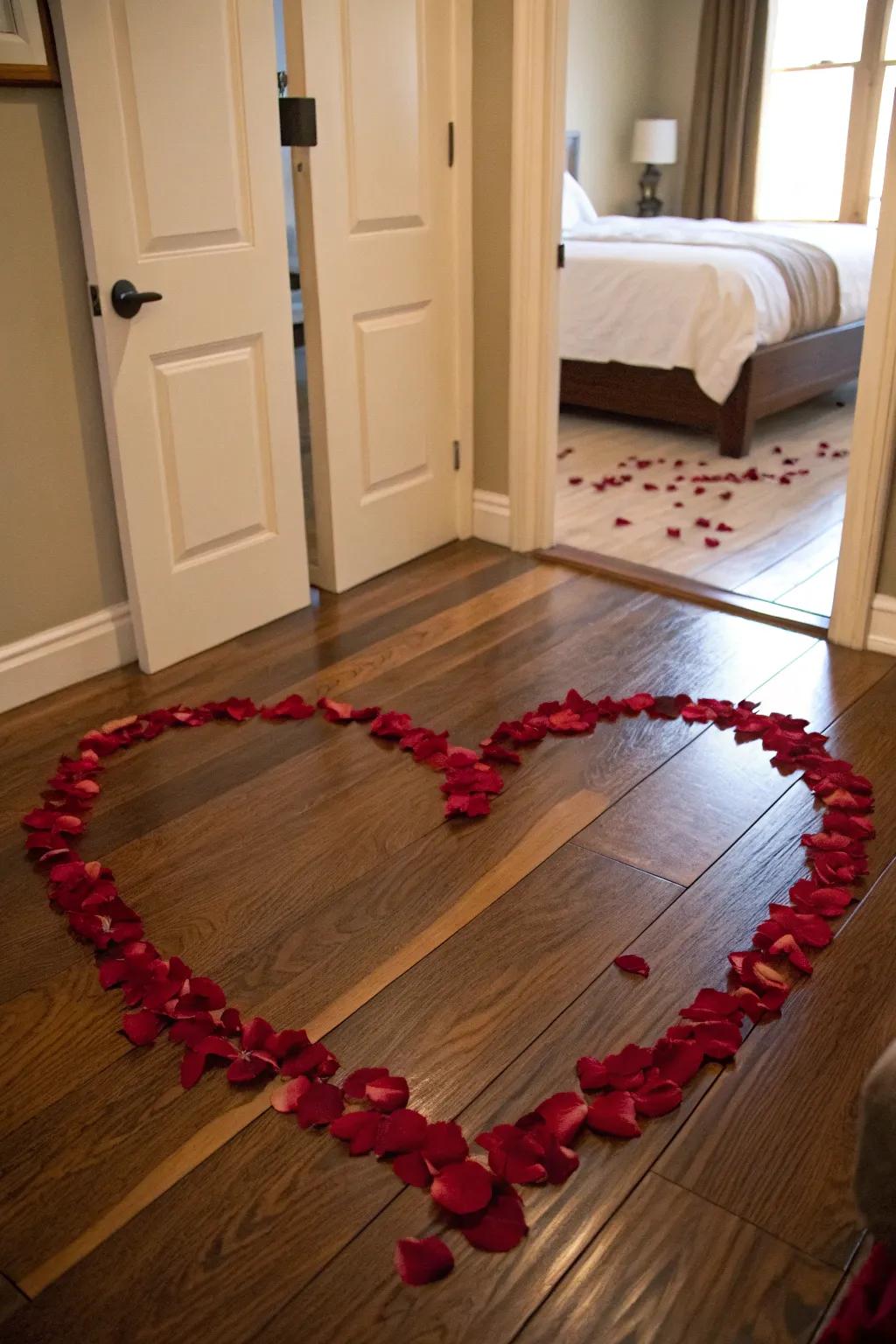 A heart made of rose petals at the bedroom entrance.