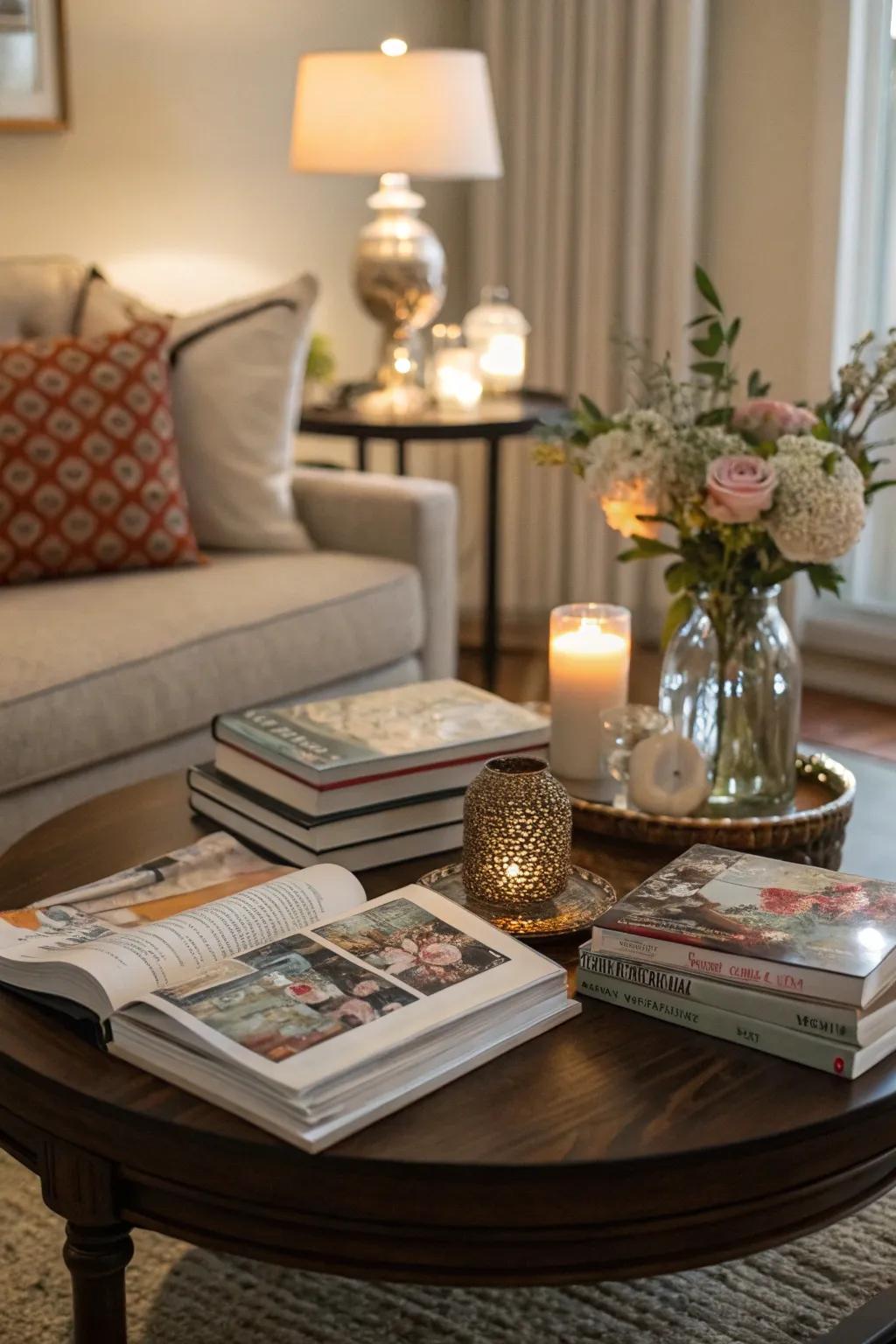 Books and magazines add a personal touch to your coffee table.