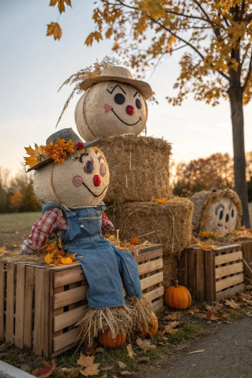 Embrace autumn with enchanting scarecrow hay bales that introduce joy and seasonal warmth to your outdoor environment.