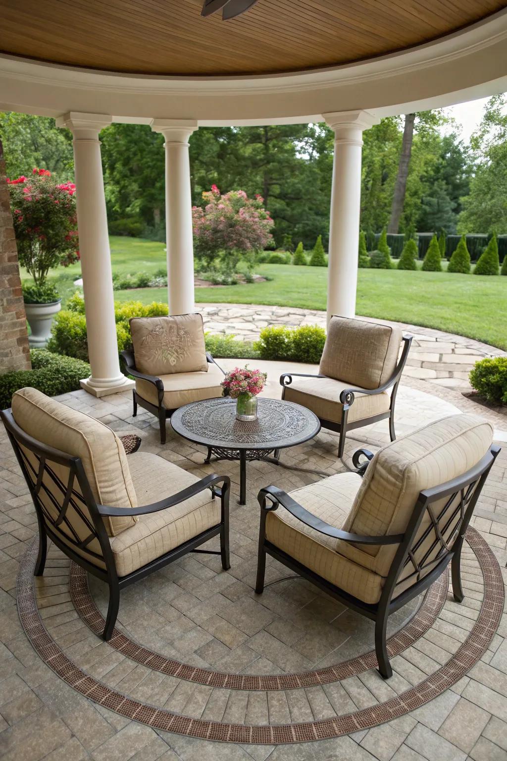 Circular seating enriches social gatherings on this inviting patio.