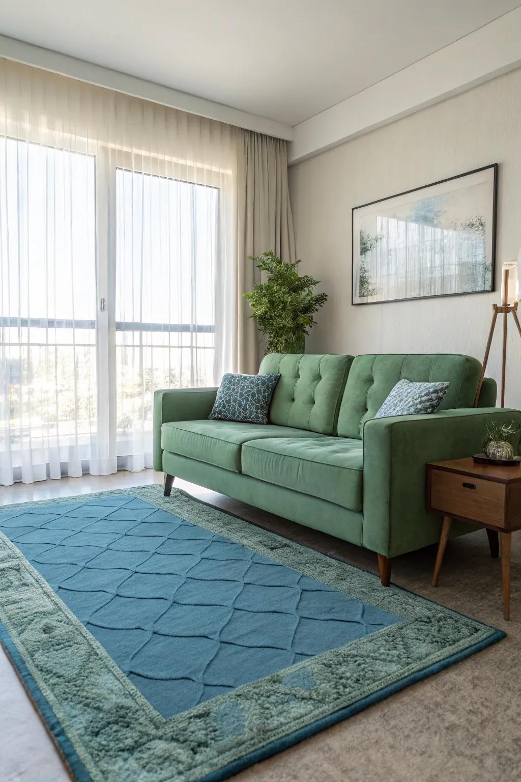 Cold ceruleans establish a vibrant contrast with a verdant sofa.