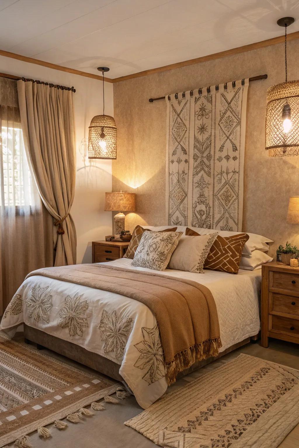 This antique bedroom's calming atmosphere is a result of the earthy tones used.