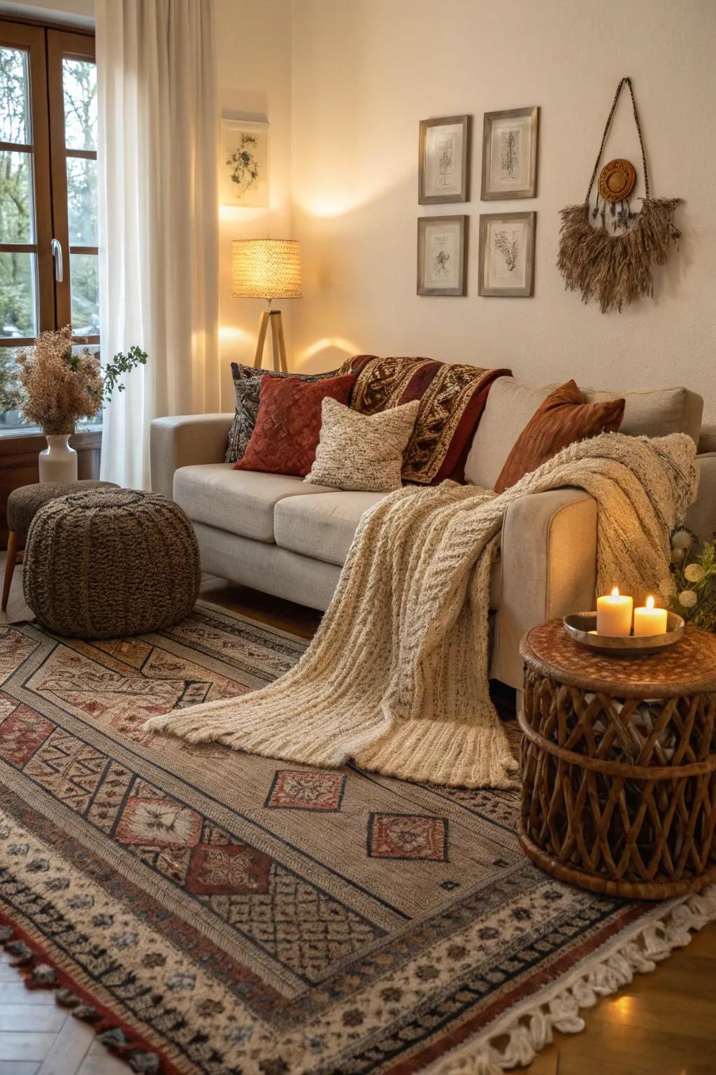 Layered textiles and rugs fashion a welcoming, multi-dimensional ambiance.