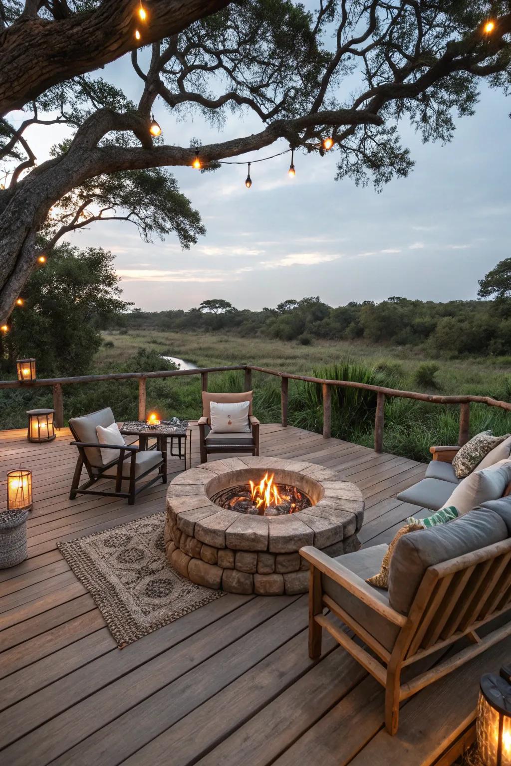 The bonfire area establishes a welcoming central attraction on this countryside deck.