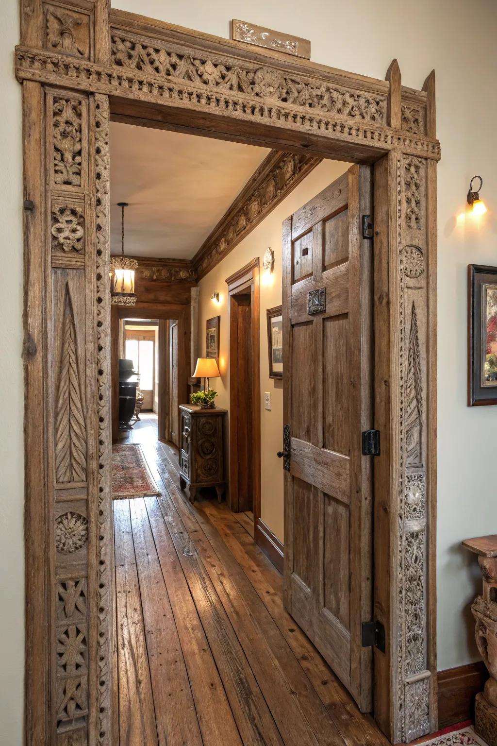 A timeworn gateway, lovingly crafted from repurposed timber, whispering tales from eras past.