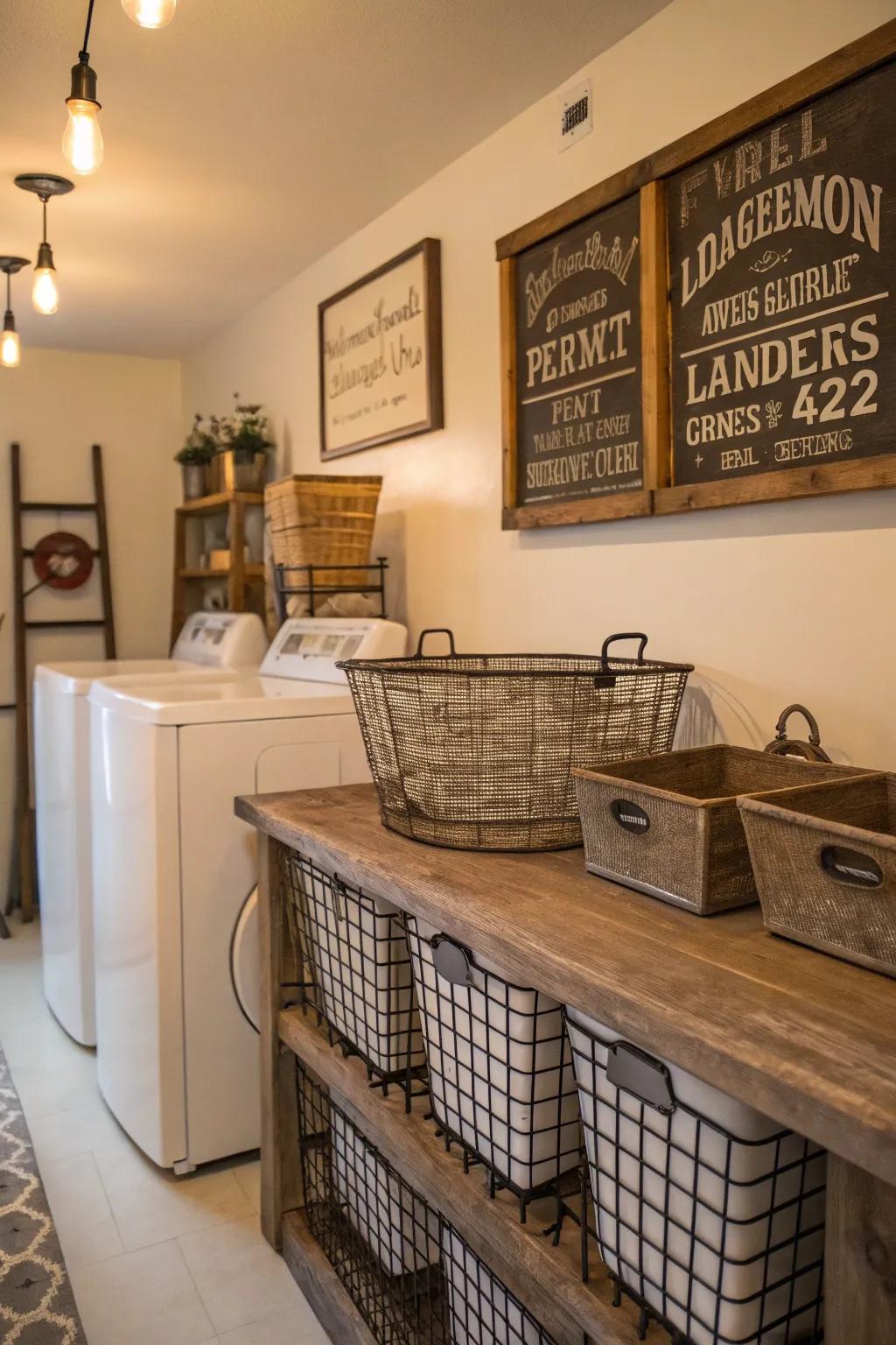 Timeless decor elements bring a nostalgic appeal to the laundry area.