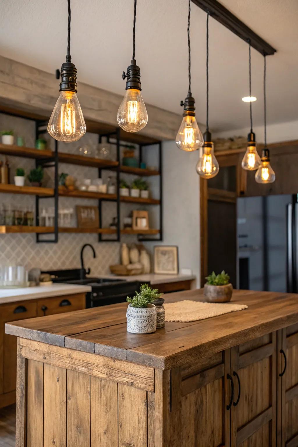 Filament bulb pendants yield a toasty and inviting kitchen environment.