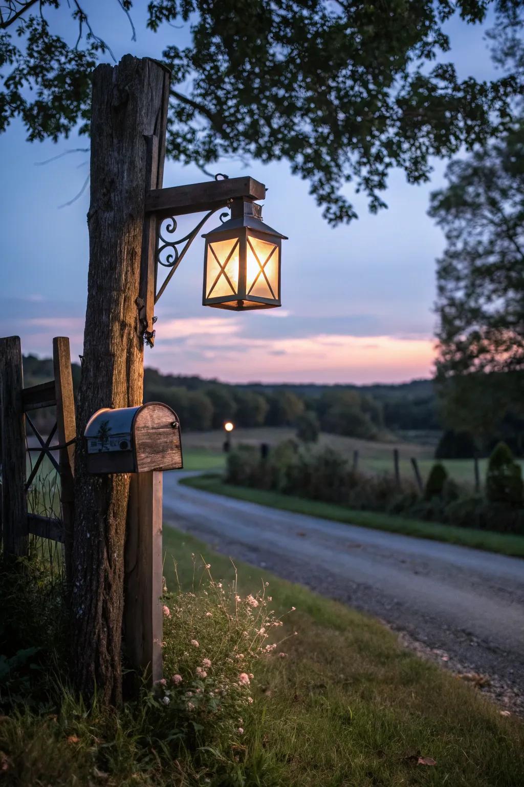An old-world lamp bestows a comfortable radiance upon this timeless mailbox post.
