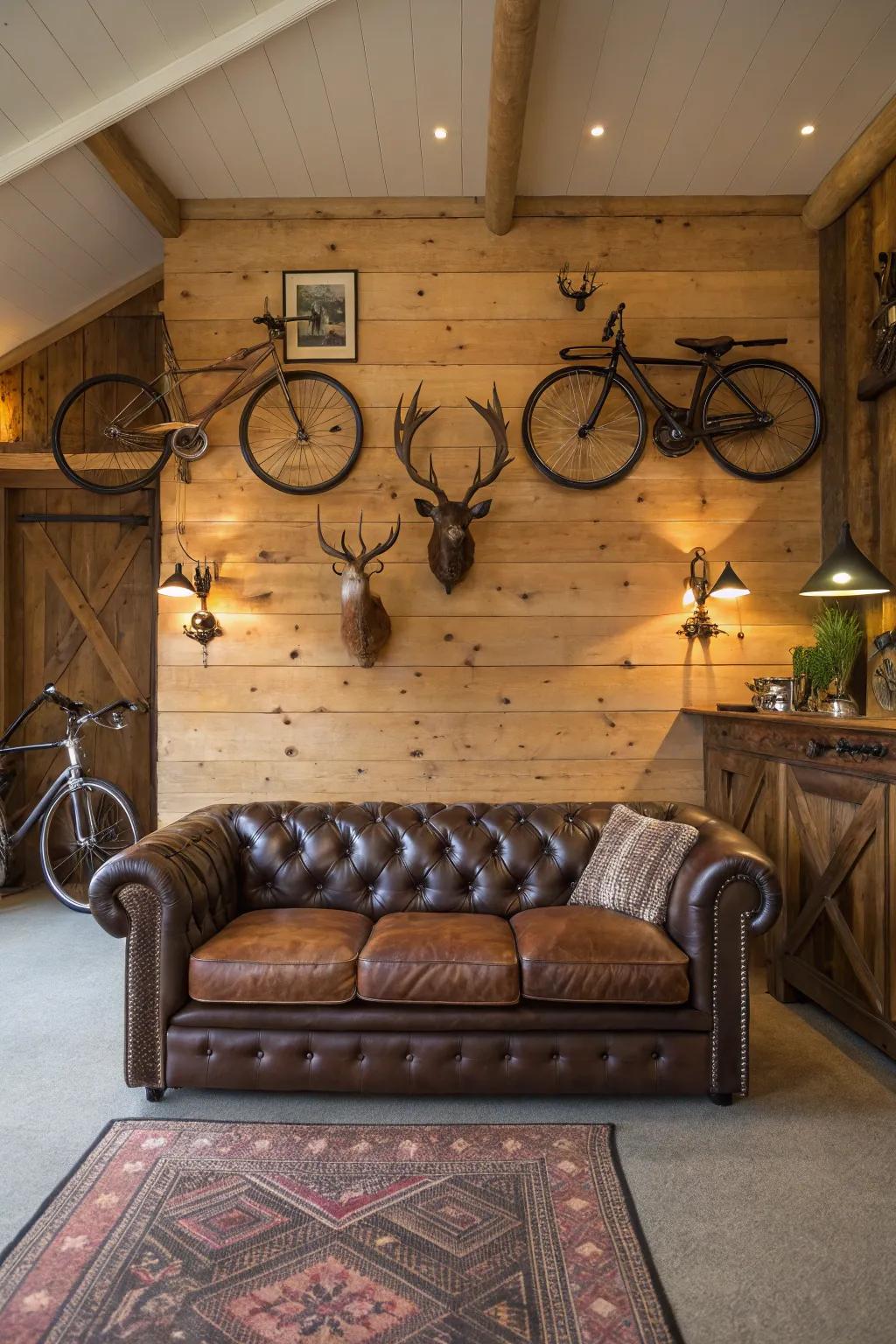 A sumptuous animal hide couch infuses refinement and comfort into this rustic personal space.