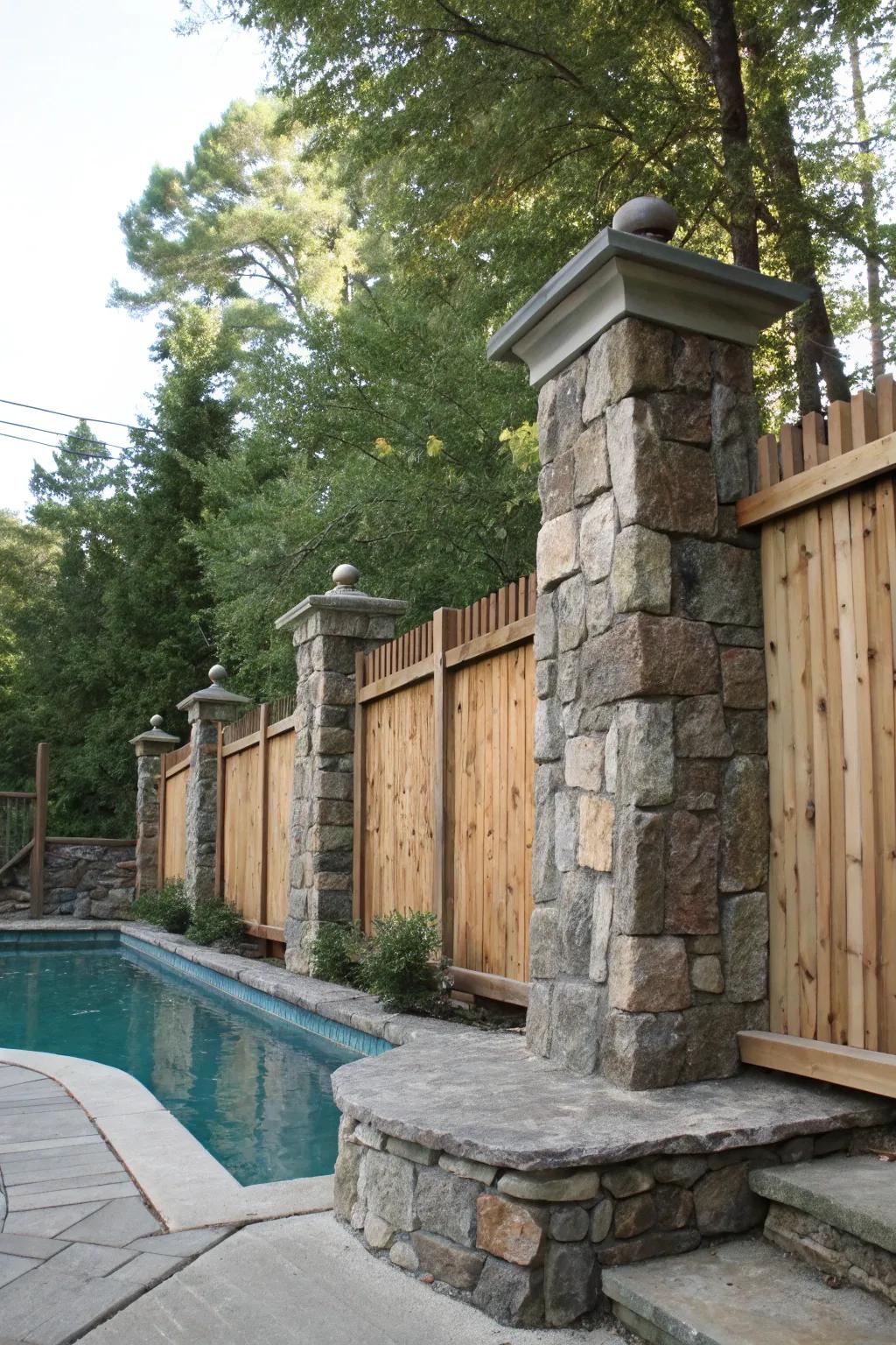 A harmonious blend of stone and wood forms a rustic pool fence.