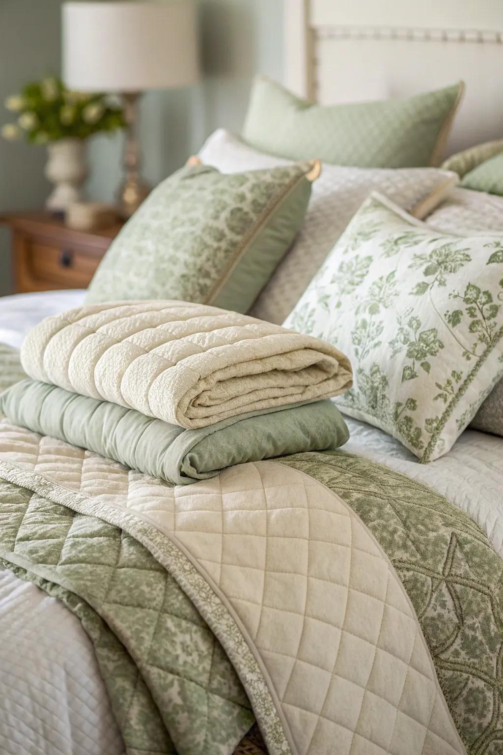 Varied fabrics in gentle shades boost coziness and comfort.
