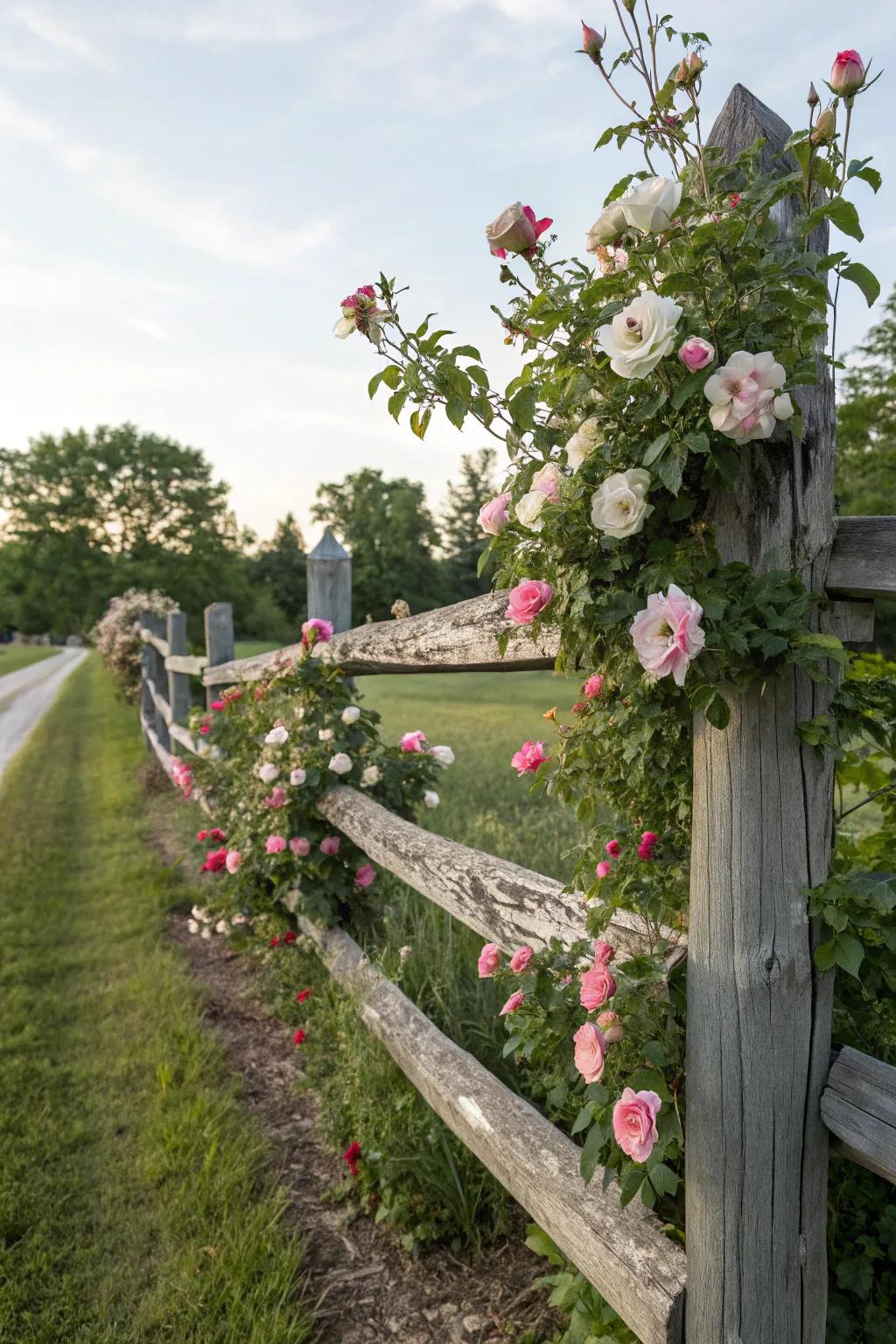 Climbing roses elegantly decorate a rustic split rail fence.