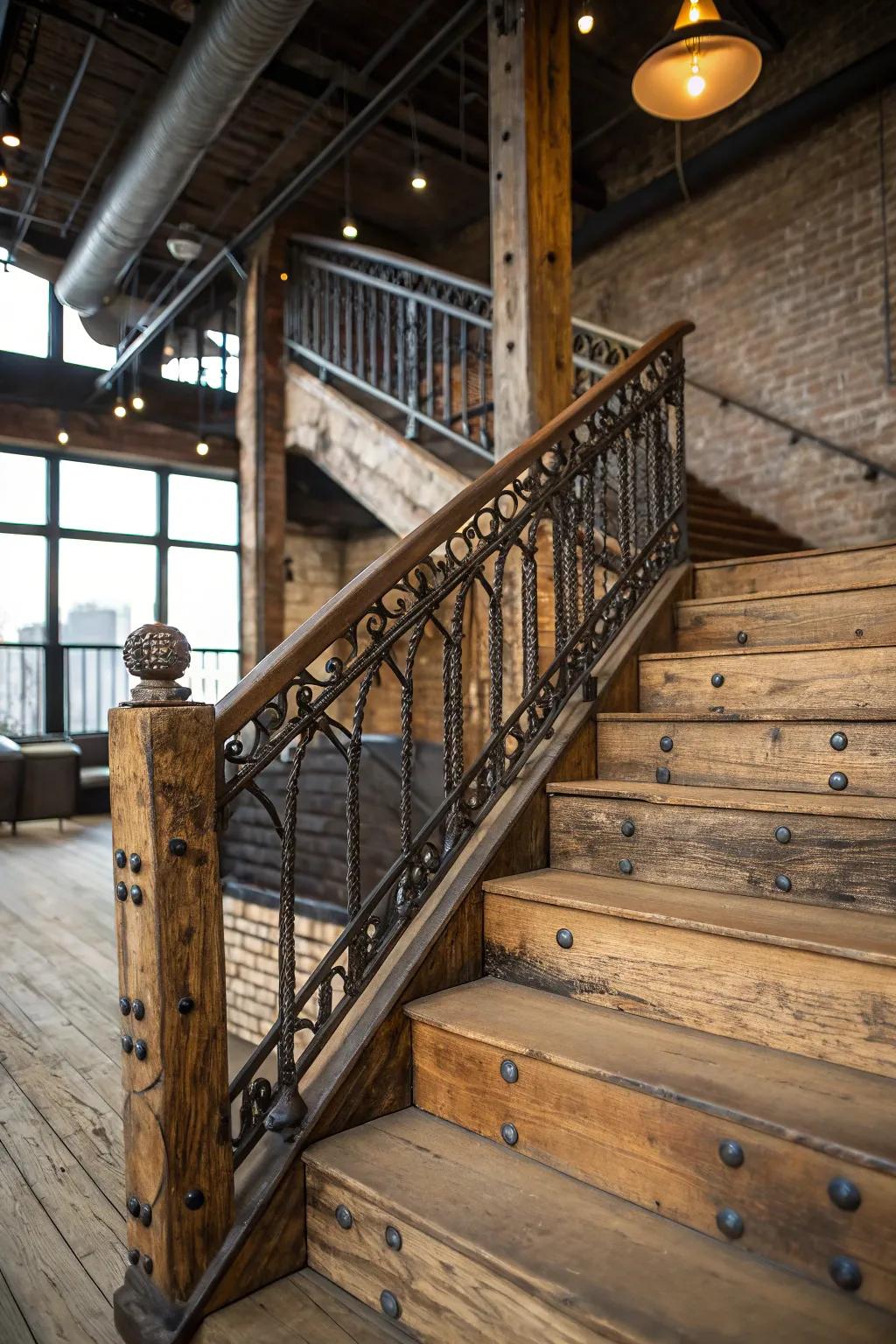A rustic stairway elevated with refined ornamental iron railings.