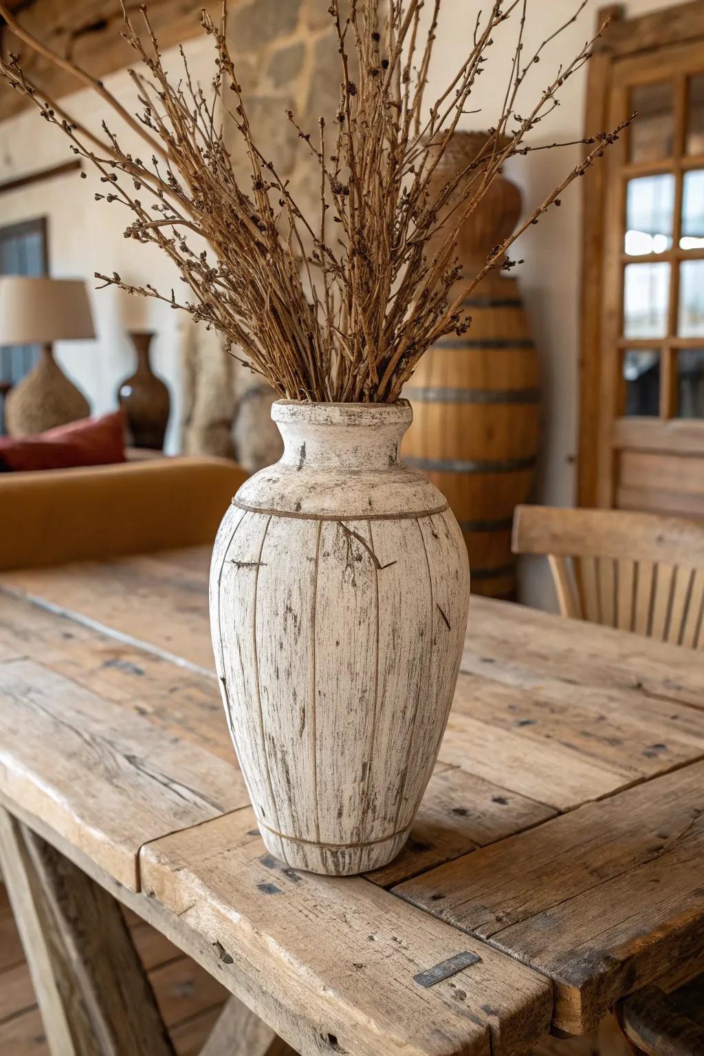 Wooden vases cultivate an inviting, nature-centric ambiance.