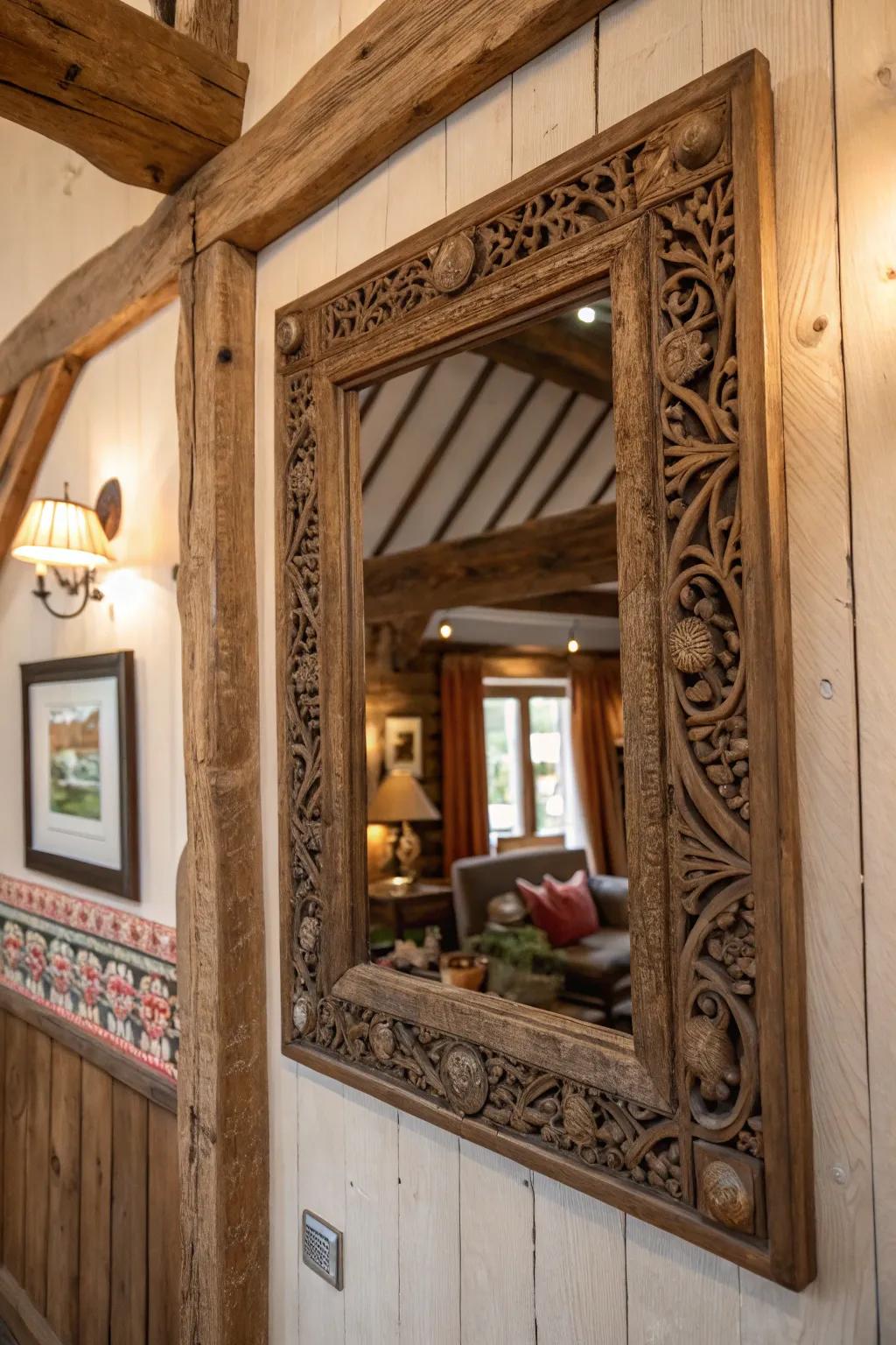 A vintage framed looking glass contributes charm and scope to a countryside wall arrangement.