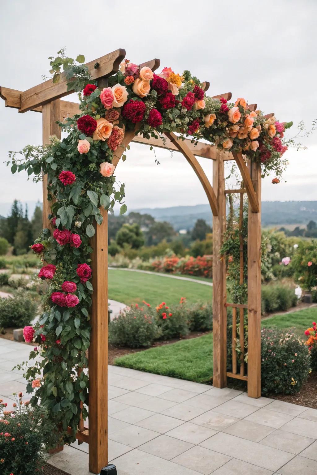 A garden-inspired floral arch, a riot of colors and vitality.