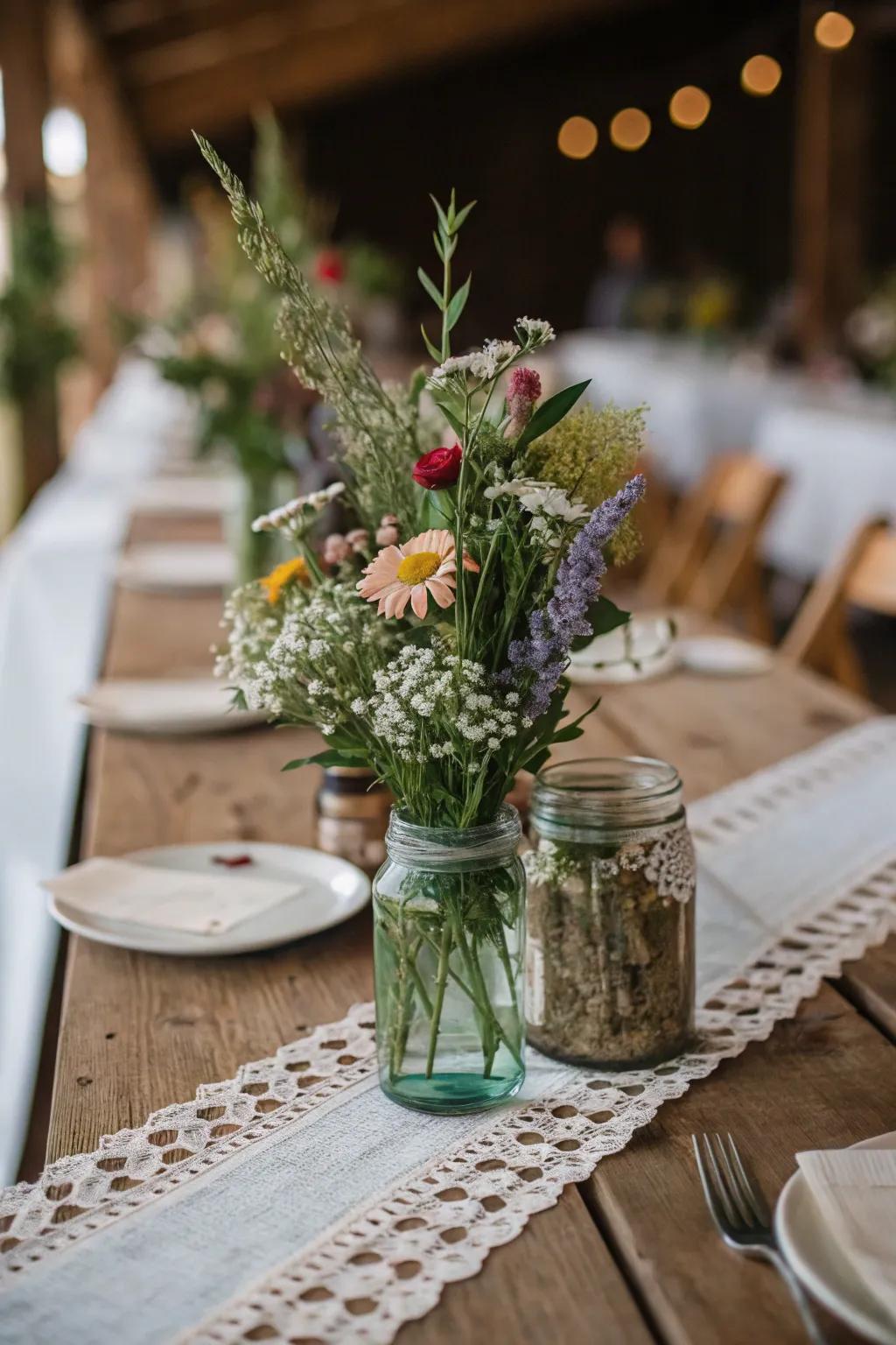 Canning jar adornments showcasing energetic meadow blossoms.