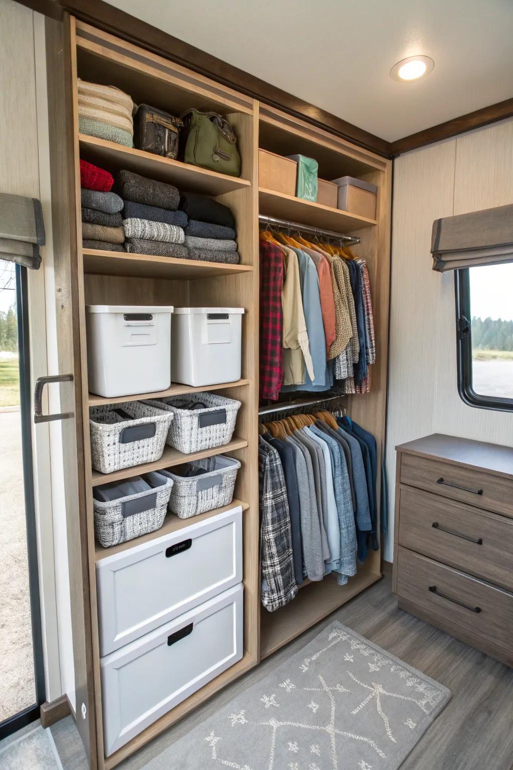 Customizable shelves make RV closet organization simple.