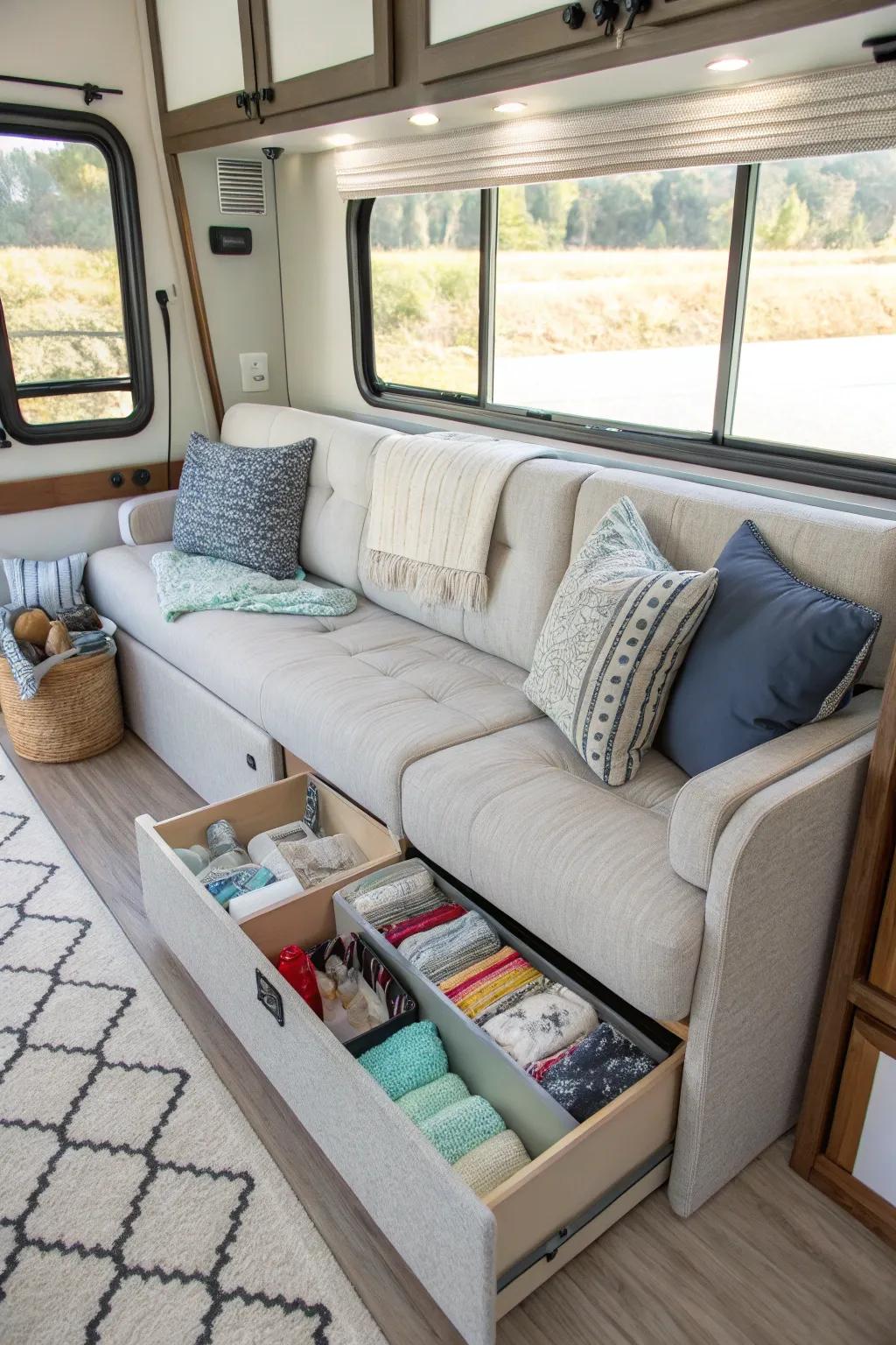 Storage-friendly couches help maintain an organized RV.