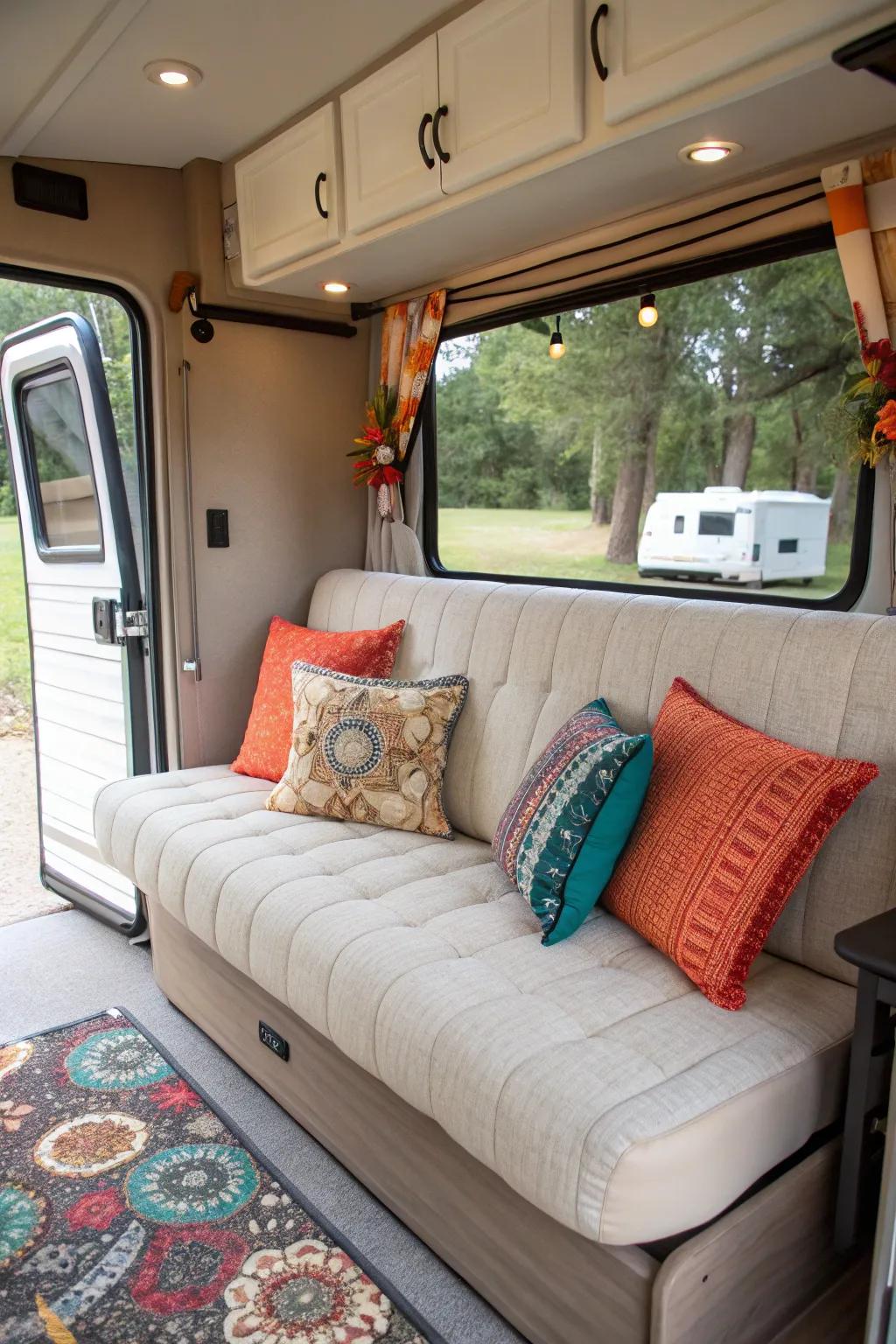 Convertible futons offer both style and functionality in an RV.