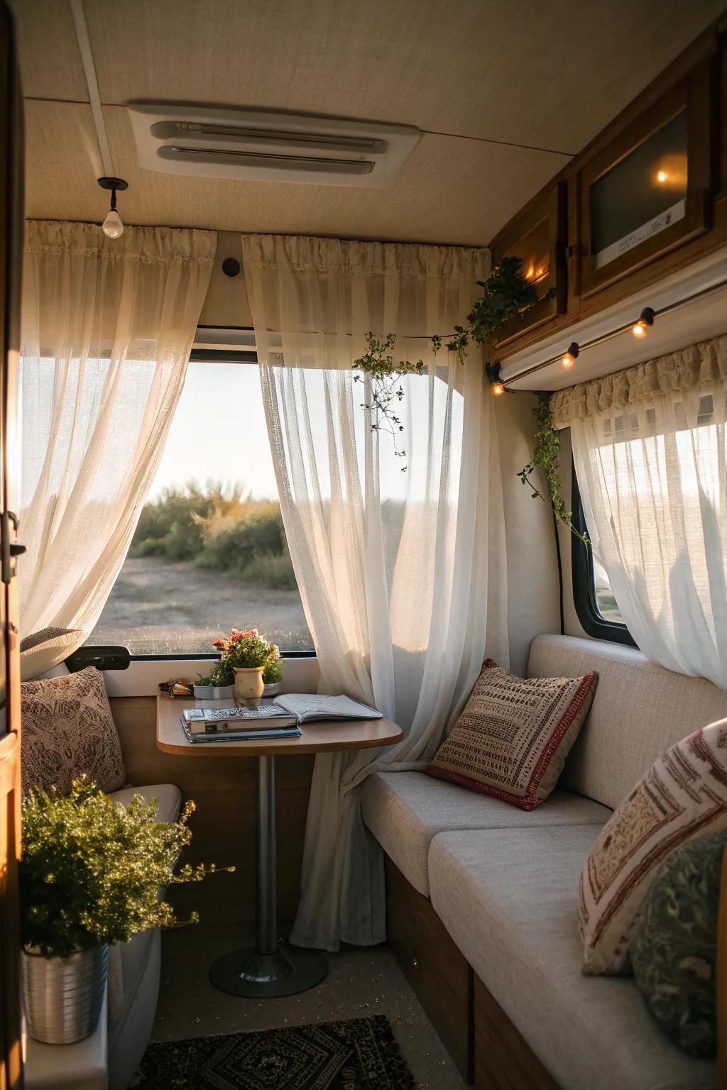 Bathe your RV in soft light with translucent drapes.