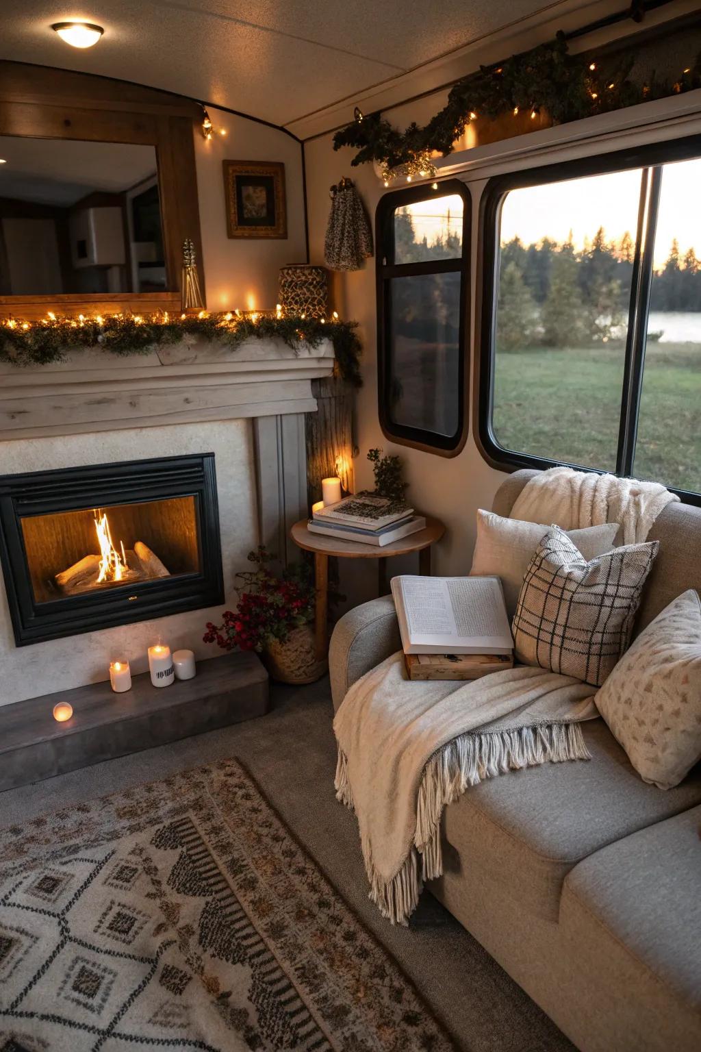 Utilize corner spaces with a beautiful fireplace arrangement.