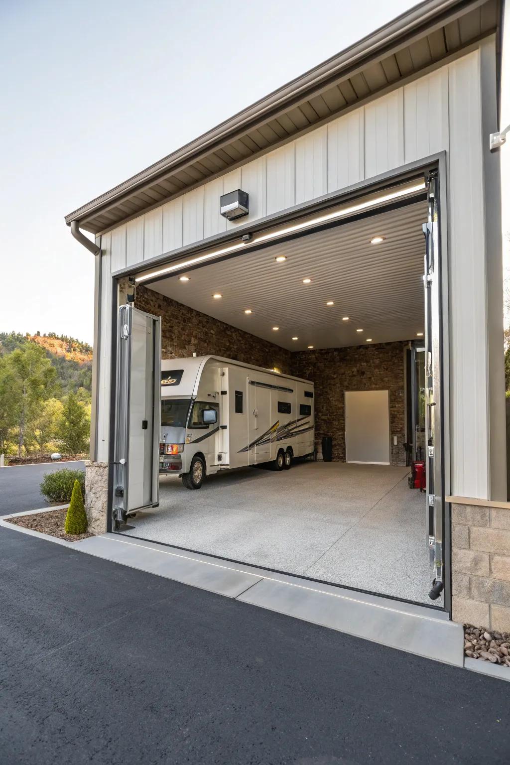 A drive-thru bay offers effortless access and greater ease in an RV garage.