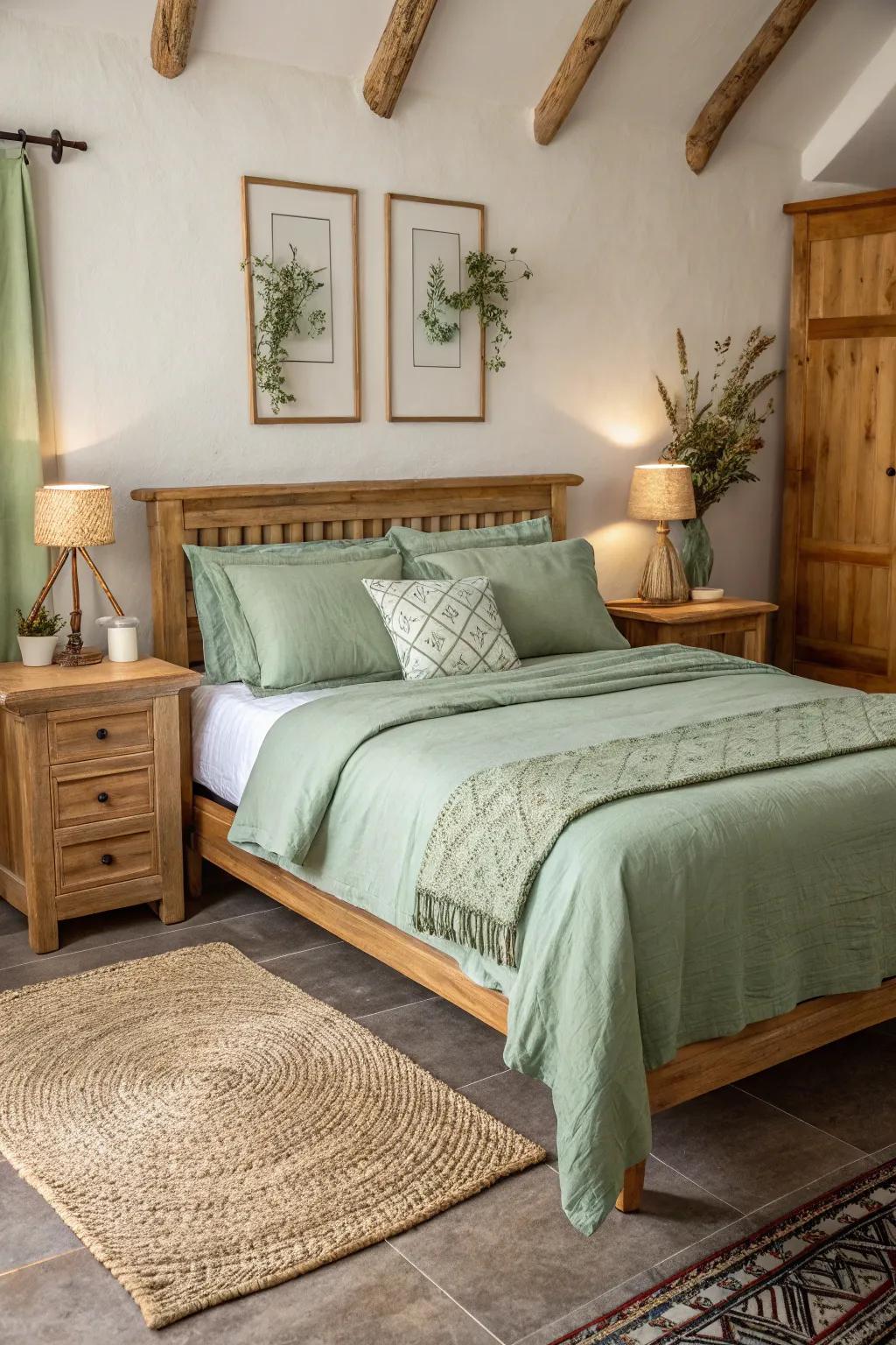 Amplify your bedroom's warmth with the blend of sage green and natural wood.