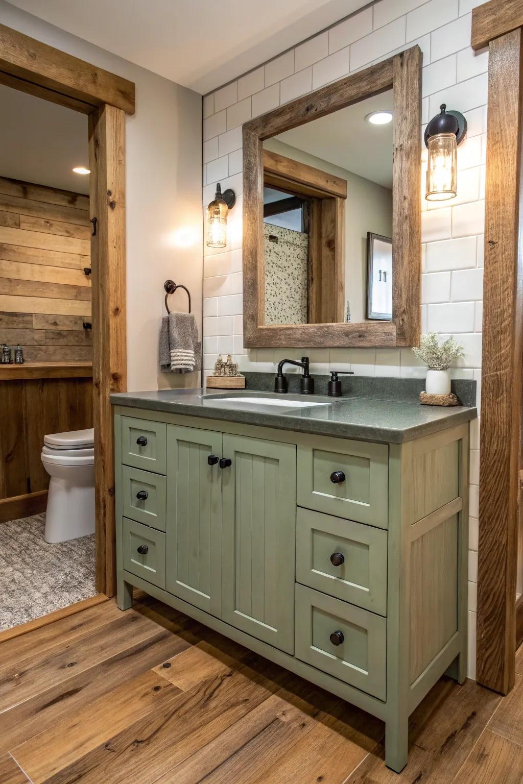 A countryside bathroom featuring a sage green vanity enhanced by natural wood features.