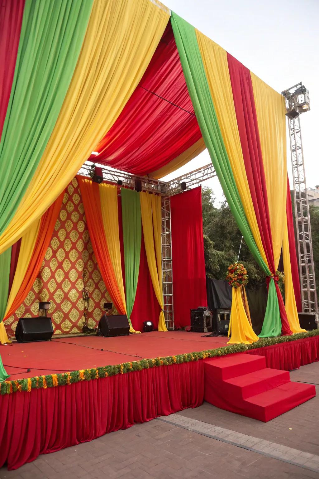 A lively setting featuring boldly colored fabric drapes.