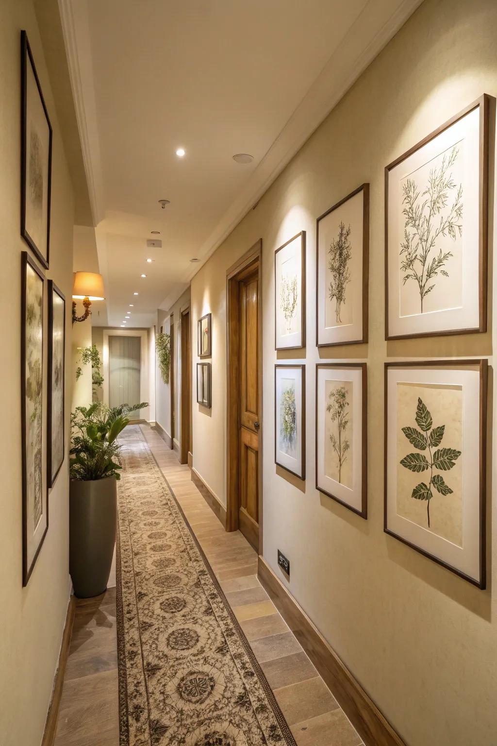 A hallway exhibiting a display of simple plant-based art and muted design