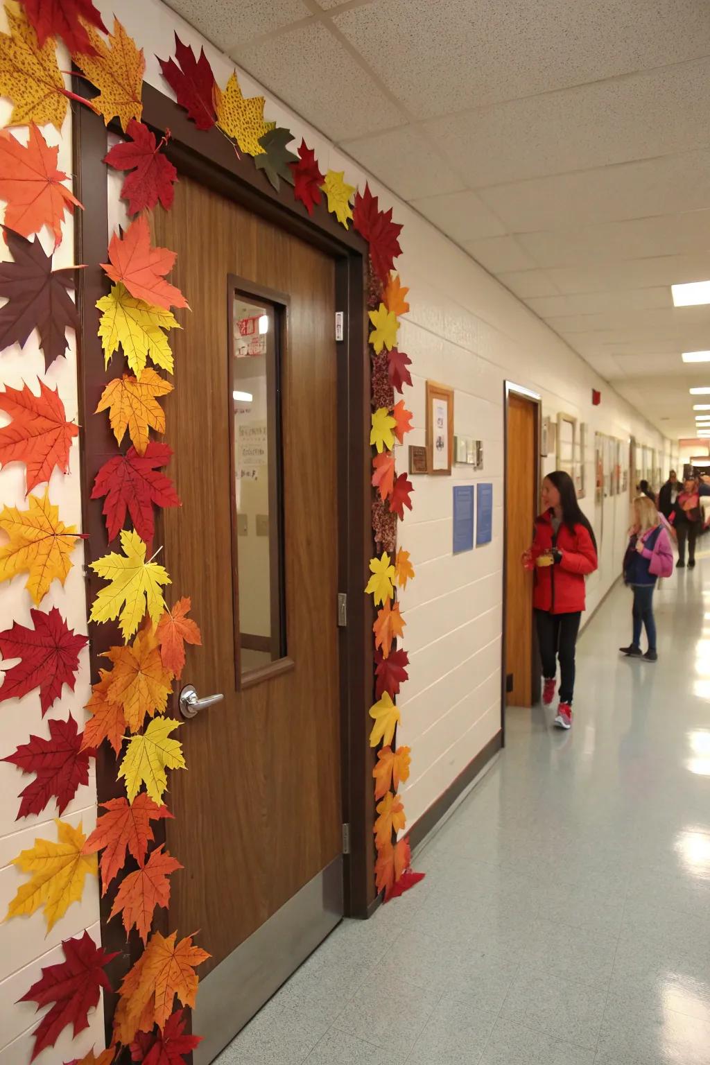 An academic door ornamented with vibrant autumn leaves to celebrate fall.